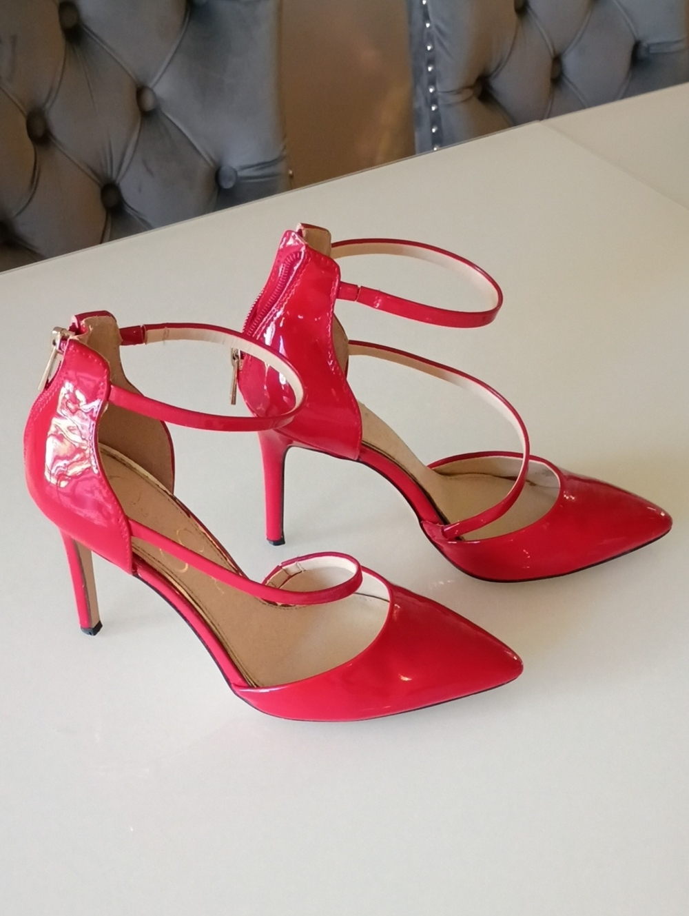 Jessica Simpson Holiday Hot Red Patent Pointed-Toe Ankle-Strap Heels Stiletto